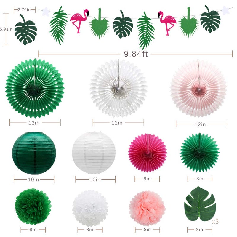 Meiduo Tropical Flamingo Palm Leaves Party Decorations with Paper Fans Paper Lanterns Pom Poms Flowers for Birthday Bridal & Baby Shower Bachelorette Hawaiian Beach Pool Summer (Green) - Image 2